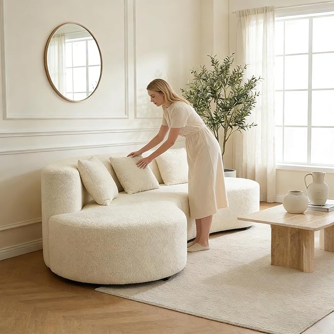 Modern Curved Sectional Sofa Couch 95 Beige - Cloud Fleece Upholstered 4-Seater Modular Boneless Couches for Living Room Office Apartment