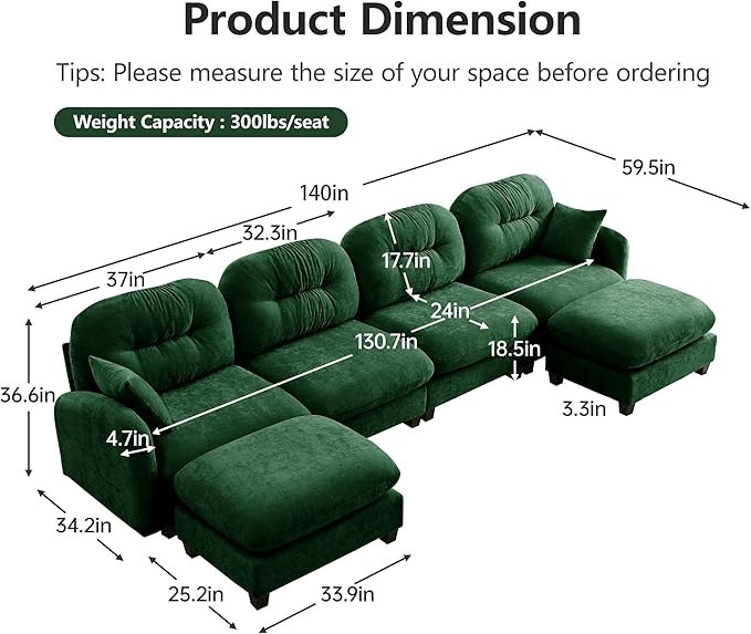 Cloud Couches for Living Room Modular Sectional Sofa 140 U-Shape 4-Seater Modular Couch Oversized Sectional Couch with Deep Seat Green