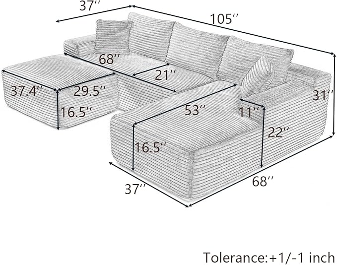 KEIKI 3 Seater Corduroy Boneless Modular Sectional Couch Sofa with Oversized Chaise Lounge Ottoman &amp Back Cushions Deep Seat Modern L-Shape Cloud Compressed Sofa Couches for Living Room Bedroom