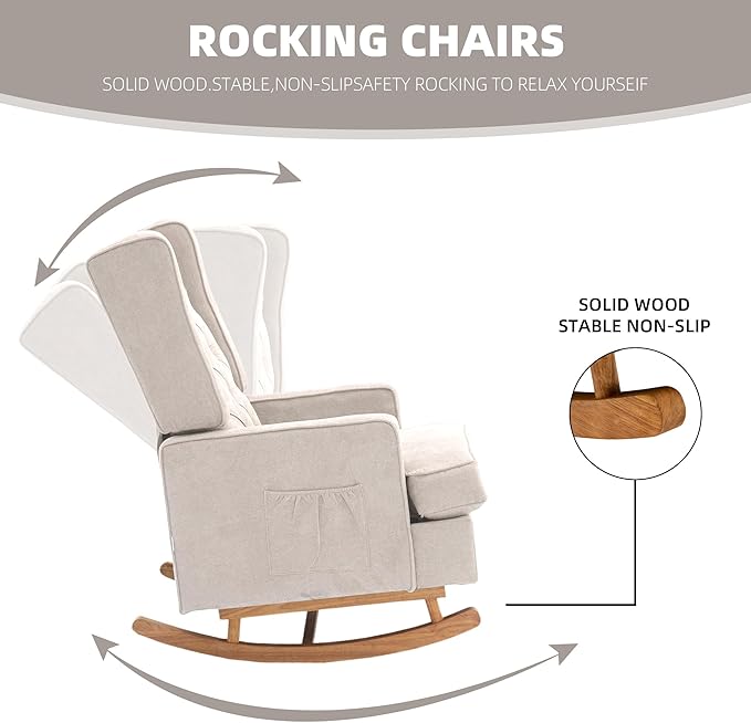 QQU Rocking Chair with Arms Leisure Teddy Chair IndoorComfy High Back Chair with Solid Wood Base Side Pocket for Living RoomBedroomOffice (Beige)