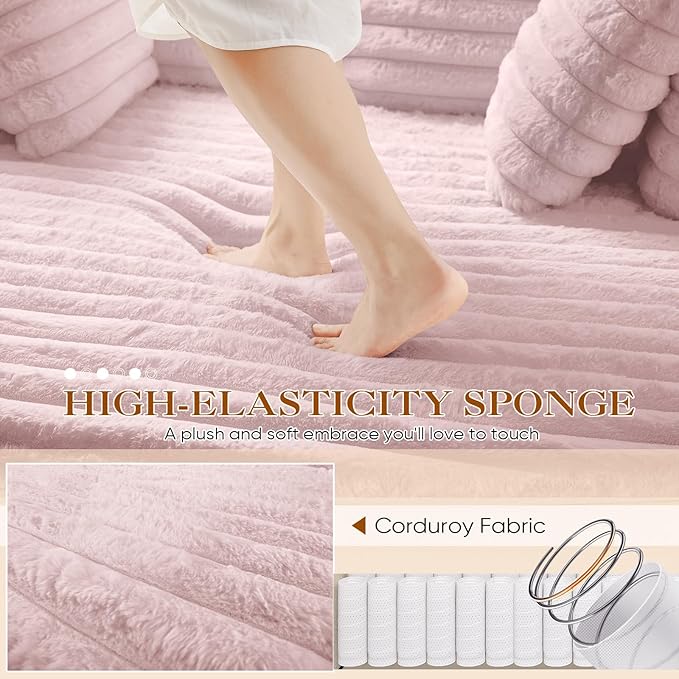 Chaise Lounge Chair Indoor Comfy Corduroy Plush Fluffy Foam Floor Compression Sofa Chair Leisure Reading Single Sleeper Chaise Chair for Living Room Bedroom Office Pillows Included (Pink)