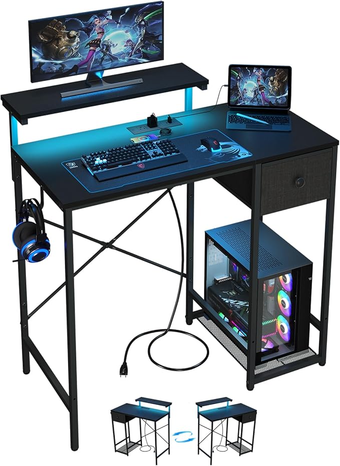 X-cosrack 33.5 Small Gaming Desk with LED Lights &amp Power Outlets Compact Computer Desk with Monitor Stand &amp CPU Stand Gamer Table with Storage Drawer Side Hooks for Home Office Bedroom B