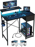 X-cosrack 33.5 Small Gaming Desk with LED Lights &amp Power Outlets Compact Computer Desk with Monitor Stand &amp CPU Stand Gamer Table with Storage Drawer Side Hooks for Home Office Bedroom B
