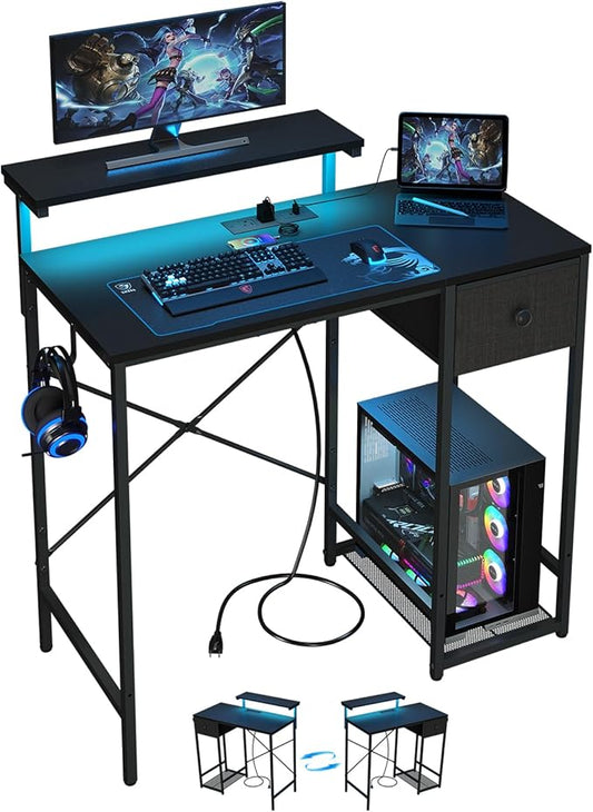 X-cosrack 33.5 Small Gaming Desk with LED Lights &amp Power Outlets Compact Computer Desk with Monitor Stand &amp CPU Stand Gamer Table with Storage Drawer Side Hooks for Home Office Bedroom B