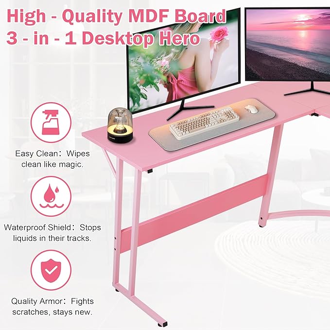Bigacc L Shaped Gaming Desk 50 Corner Desk Spacious Dual Tops P2 Particleboard Metal Z-Legs Adjustable Non-Slip Pads Scratch/Waterproof Multi-Use Home Office/Game Room/Dorm