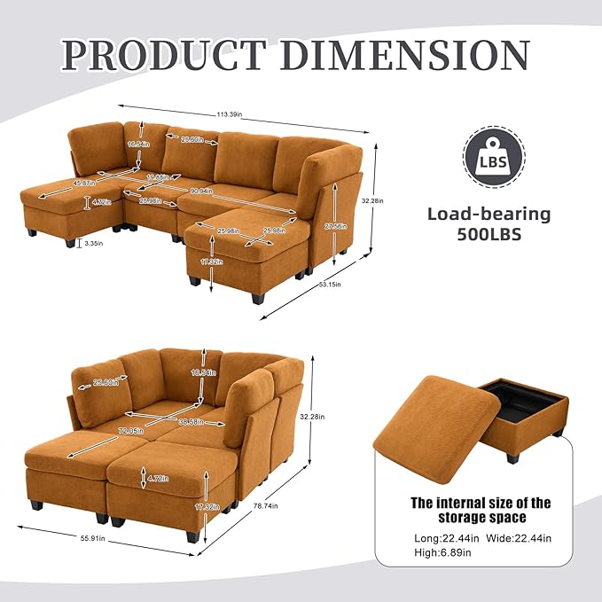 113 Modular Sectional Sofa Couch with Storage U Shaped 4 Seat Couches with Movable Ottoman Freely Combinable Deep Seat Sofa Upholstered Sectional Couches for Living Room Orange