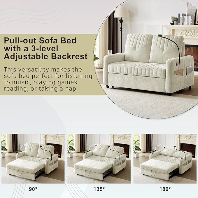Merax Chenille 3-in-1 Pull Out Sleeper Sofa Bed Couch 54 Convertible Futon Loveseat with Adjustable Backrest 2 Cup Holders Phone Stand 3 Charging Ports and Storage Pockets for Living Room Beige