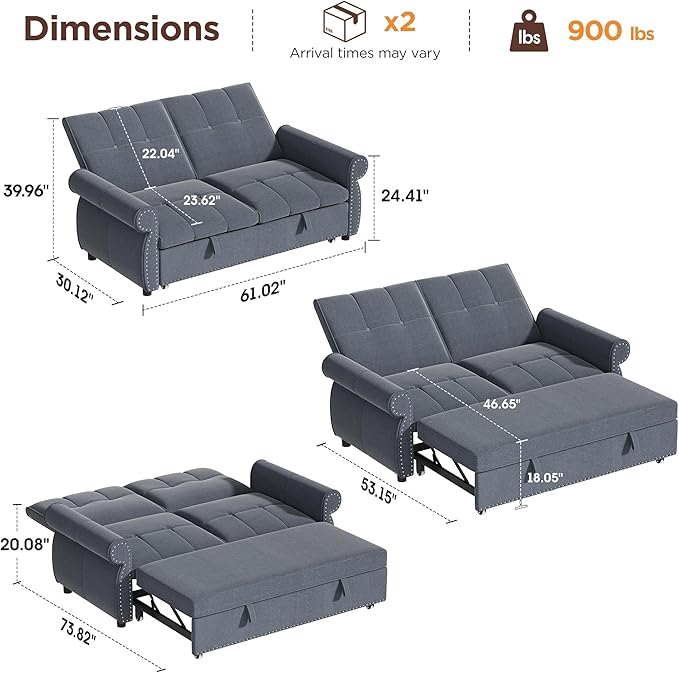3 in 1 Sofa Bed 61 Inch Convertible Pull out Couch with Four Pillows Loveseat Sleeper Sofa with Adjustable Backrest Sofa Couches for Living Room Bedroom Apartment Chenille Fabric Grey