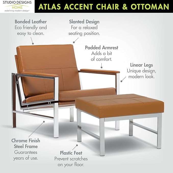 Atlas Bonded Leather Accent Chair with Ottoman Set Mid-Century Modern Lounge Chair &amp Footrest with Chrome Legs for Living Room or Office Guest Seating Chrome/Caramel