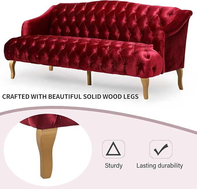 Modern Wingback Tufted Velvet Loveseat 73.25 3 Seat Sofas Settee Bench Banquette Chesterfield Love Seat with High Back Thick Padded Cushioned Upholstered Couch for Living Room Victorian Style Red