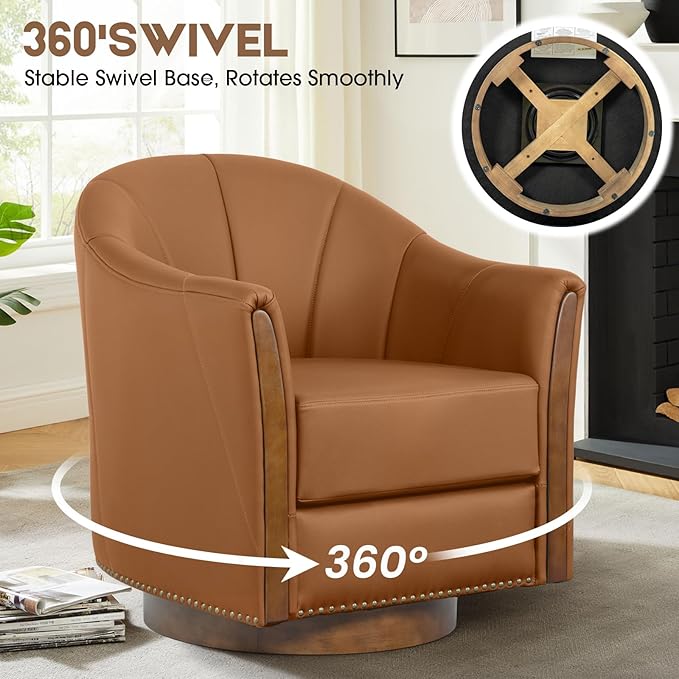 360° Swivel Accent Chair Modern Leather Barrel Club Chair with Leather Upholstery and Sturdy Wood Base Comfortable Armchair for Living Room Bedroom Reading Nook Brown