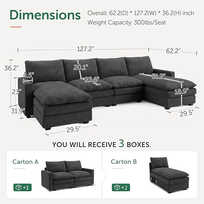 HONBAY 127.2 Inch Corduroy Cloud Modular Sectional Sofa with Chaise Deep Seat U-Shaped Couch with Storage for Living Room Apartment Small SpaceGrey