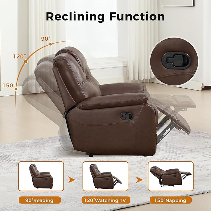 EBELLO Manual Recliner Chair Genuine Leather Reclining Sofa Chair Couch for Living Room Bedroom Furniture Meeting Room Single Couch with Comfortable Armrest and Backrest Brown