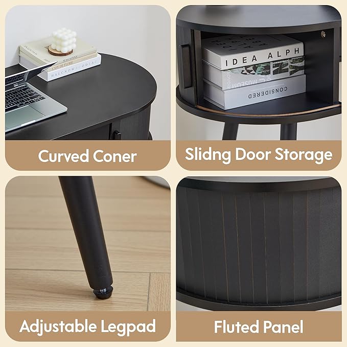 AVZEAR 43 Oval Fluted Home Office Desk Small Computer Desk Mid Century Modern Vanity Table with Sliding Tambour Door Wooden Writing Study Desk for Small Spaces Bedroom Office(Black)