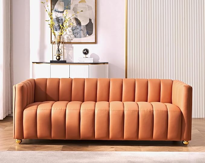 Direct Glam Fabric Upholstered Solid Wood Frame 82.7 Art Deco Sofa for Living Room Office Sophisticated 3 Seater Couch Orange