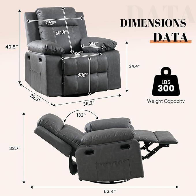 Massage Recliner Chair for Adults360 Degree Manual Swivel Rocker Recliner with Heat and VibrationPU Leather Glider Rocking Reclining Chair for Home Theater SeatingLoungeNurseryLiving Room(Grey)