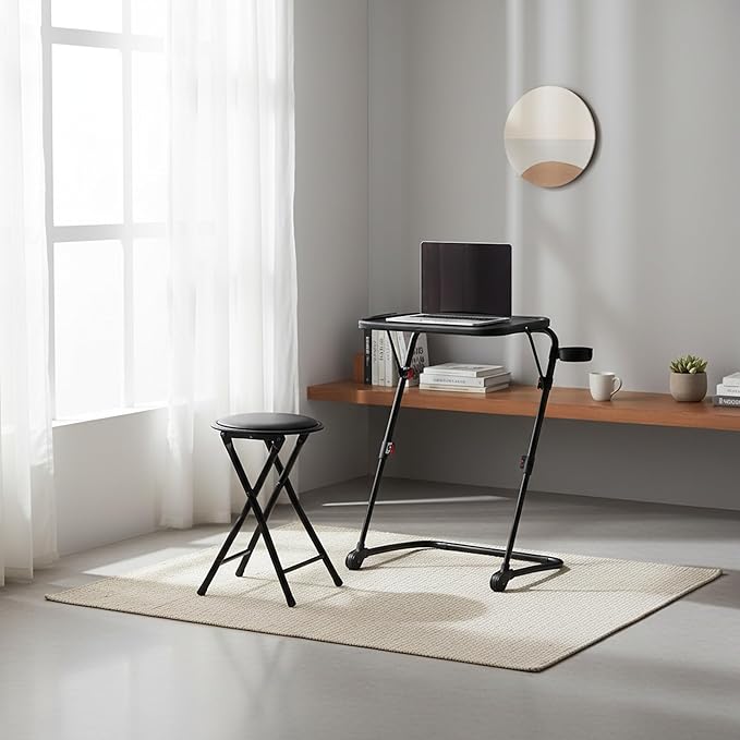 Homy Casa Folding Adjustable Laptop Table with Stool Set Portable Home Office Workstation Height Adjustable Standing Desk with Cup Holder Compact Computer Desk for Home Study &amp Small SpacesBl