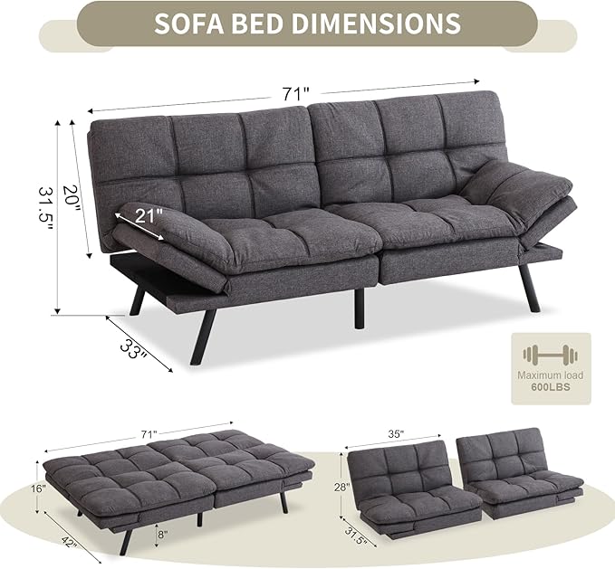 MUUEGM 71 Futon Couch Filled with Memory Foam Convertible Futon Sofa Bed with Adjustable Backrest Armrest Folding Futon for Living Room Small Space Loveseat for Sleeper(Fabric Dark Gray)