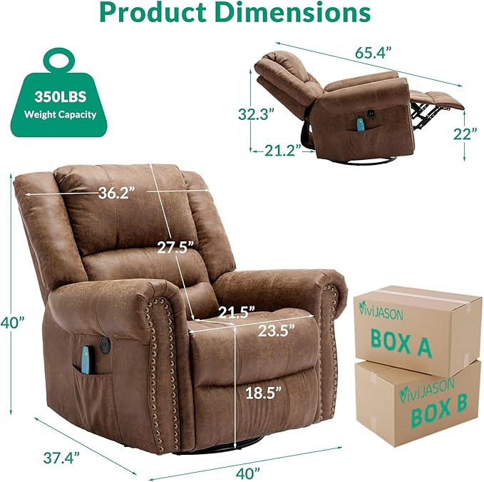 VIVIJASON Massage Swivel Rocker Recliner Chair with Heat &amp Vibration 360° Swivel Manual Glider Rocking Reclining Chair with Remote Control Side Pockets &amp USB Ports for Living Room Nut Brown