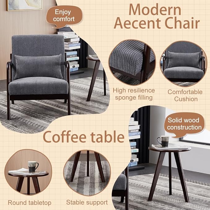Mid Century Modern Accent Chair with Side Table Upholstered Corduroy Armchair with Lumbar Pillow Solid Rubberwood Frame for Living Room Bedroom Reading Nook Dary Grey/Walnut