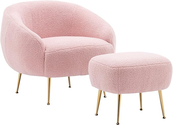 Modern Comfy Leisure Accent Chair Teddy Short Plush Particle Velvet Armchair with Ottoman for Living Room