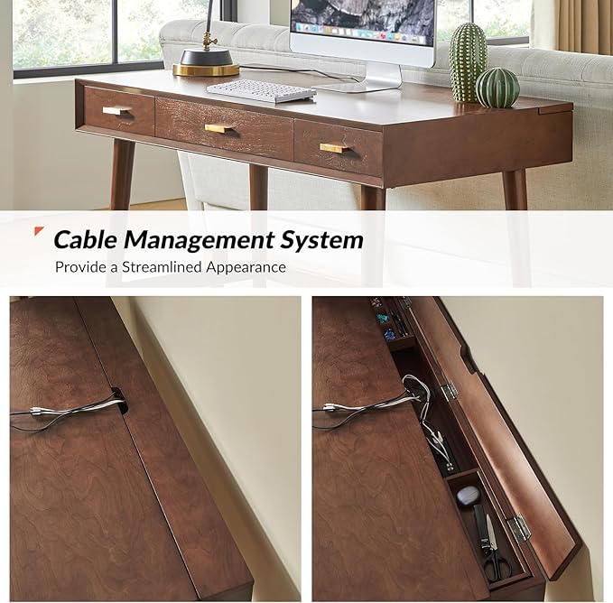HULALA HOME 47 Writing Desk with 3 Drawers Wood Office Desk with USB Charging Staion Vintage Office Desk with Cable Management(Walnut)