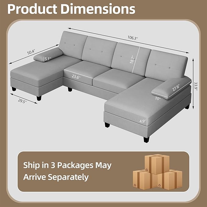 Nuturelly Nutually Sectional Couches for Living Room Convertible U-Shaped Sofa Couch with Double Chaise 4 Seat Sofa Set Modular Sofa Couch with Linen Fabric for Apartment Light Gray