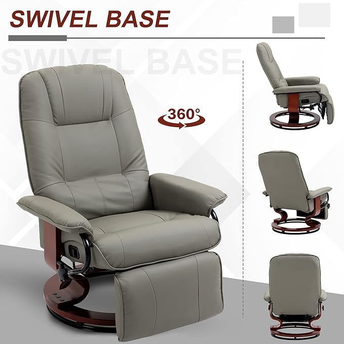 HOMCOM Faux Leather Manual Recliner Adjustable Swivel Lounge Chair with Footrest Armrest and Wrapped Wood Base for Living Room Gray