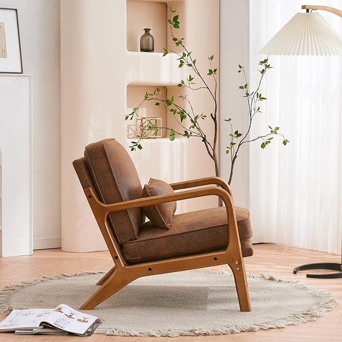 Mid-Century Modern Accent Chair with Throw Pillow Upholstered Fabric Armchair Oak Wood Frame Reading Chair for Living RoomBedroomReadingBalcony (Brown)