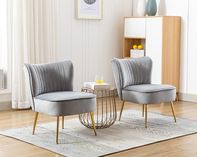 CIMOTA Velvet Grey Accent Chairs Set of 2 Modern Armless Slipper Chair Wingback Single Sofa Side Chair Comfy Corner Chair with Golden Legs for Living Room Bedroom Grey
