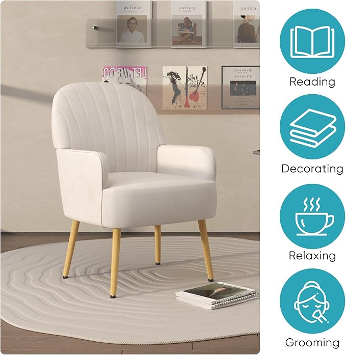 Velvet Accent Chair Modern Upholstered Single Living Room Chairs with Tufted Back Cozy Sofa Side Armchair with Metal Legs for Bedroom/Office/Reading Room Beige