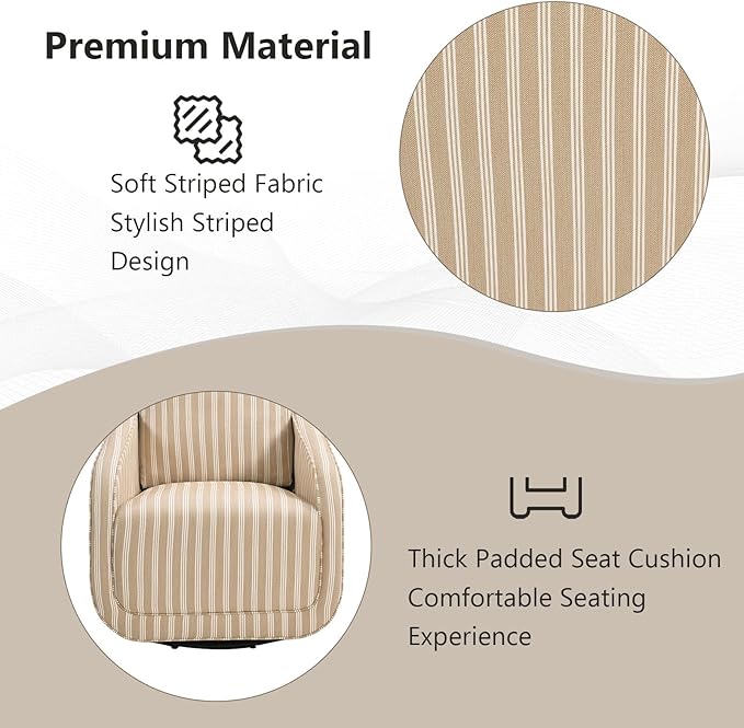 CANMOV Swivel Accent Chair Square Chair Suitable for Use in Living Room Bedroom Small Spaces and can Swivel Smoothly. Swivel Barrel Reading Chair with Thick Padded Backrest Cushion Brown Stripe