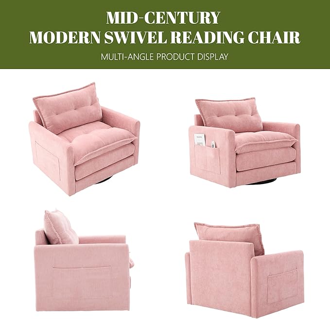 Square Swivel Chairs Set of 2Plush Chenille Upholstered Accent Club Chair with Arms360°Rotation Armchair for ReadingModern Single Cloud Sofa Chair for Living Room (2 Pink)
