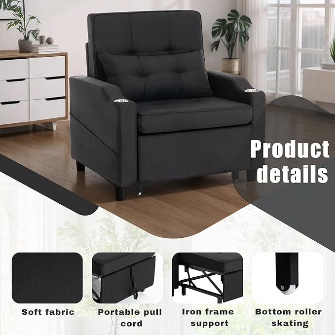 Sleeper ChairSingle Armchair Sofa with PillowAdjustable Backrest Recliner Sofa Modern Pull Out Couch Bed with USB Port Cup Holder Side Pocket for Living Room Bedroom(Black)