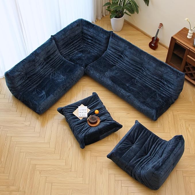 N&ampV Fireside Chair Mid Century Armless Floor Sofa Soft Premium Chenille Floor Lounge Chair Foam Sofa Accent Chair for Living Room Bedroom and Office (Blue Loveseat)