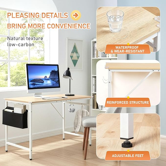 VINGLI 47 Inch Computer Office Modern Simple Gaming Desk with Side Fabric Drawer &amp Hook Up Wear-Resistant Surface Writing Desk Work Desk for Bedroom Living Room Oak