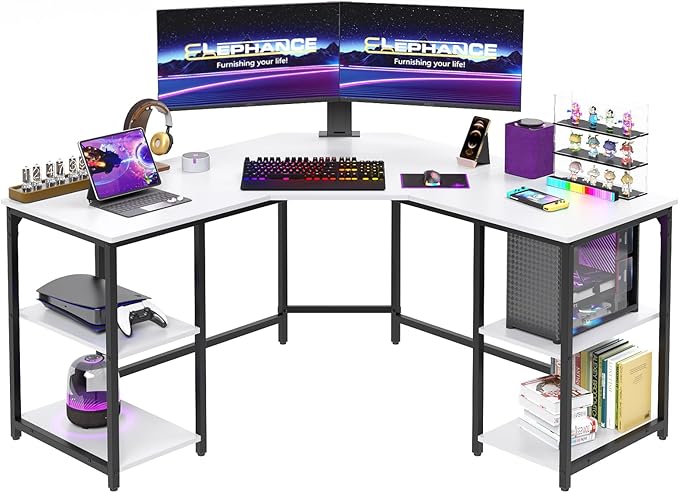 Elephance L-Shaped Desk with Shelves Computer Corner Desk Home Office Writing Workstation Gaming Desk PC Laptop Table with Storage