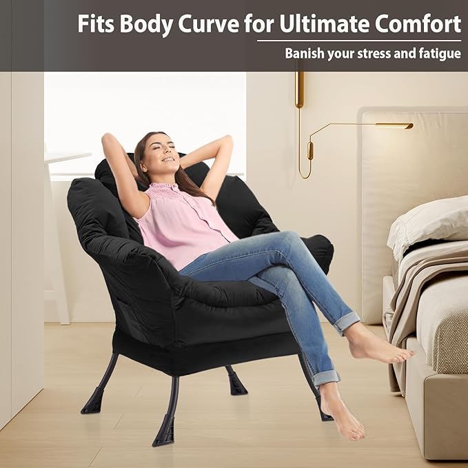 Lazy Chair Thick Padded Comfy Velvet Accent Lounge Chair with Stable Frame Leisure Sofa Armchair with Armrests and Side Pocket Reading Chair for Bedroom Living Room Office Black