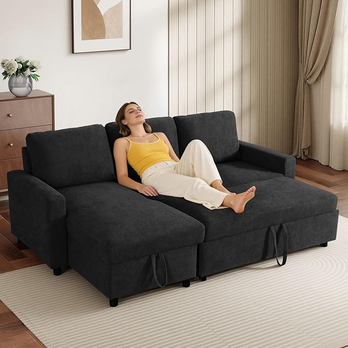 L-Shaped Sleeper Sofa with Chaise Lounge &amp Storage Pull-Out Couch Bed with Recliner Full Size Futon for Living Room Office Apartment Black