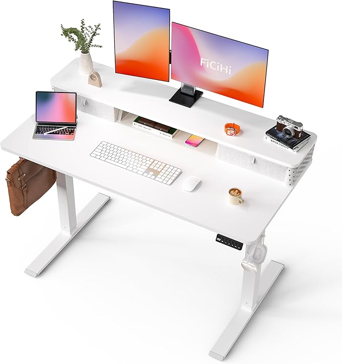 FiCiHi 48x24 Inch Standing Desk with Drawers C-Clamp Mount Compatible Electric Adjustable Height Computer Stand Up Desks Home Office Sit Stand Table with 3 Preset Heights White