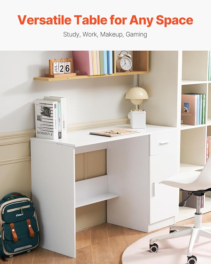 VEVOR Small Desk with Drawer Kids Desk for Bedroom Wooden Simple Study Table for Drawing Reading Writing Rectangle MDF Study Storage Table with Adjustable Shelf for Home Office White