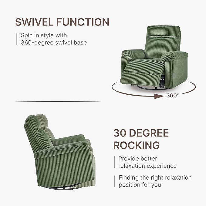 Swivel Rocker Recliner for Adults Corduroy 360 Degree Swivel Glider Recliner Manual 3-Position Adjustable Easy Assembly for Small Space Living Room Nursery Bedroom