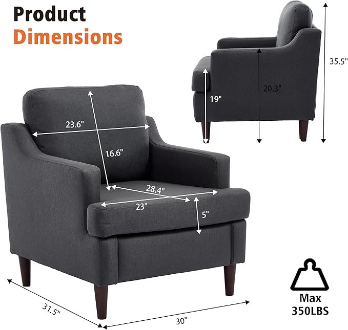 Mid-Century Accent Chair Modern Linen Fabric Armchair for Living RoomComfy Upholstered Reading Chairs for BedroomSingle Sofa Chair with Wood Legs (Darkgrey Set of 2)
