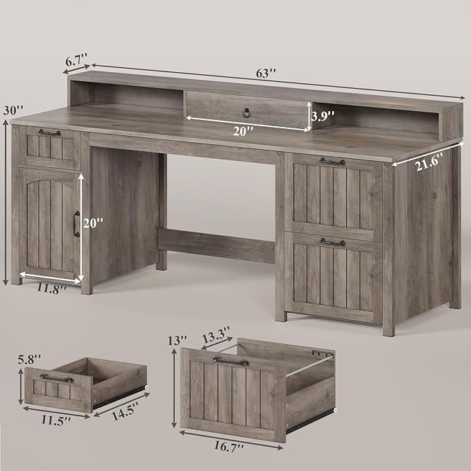 SEDETA Farmhouse 63 Executive Desk Wood Computer Desk with Drawers and Storage Cabinet Home Office Desk with File Drawer and Monitor Stand Wood Desk for Work Study Writing Grey