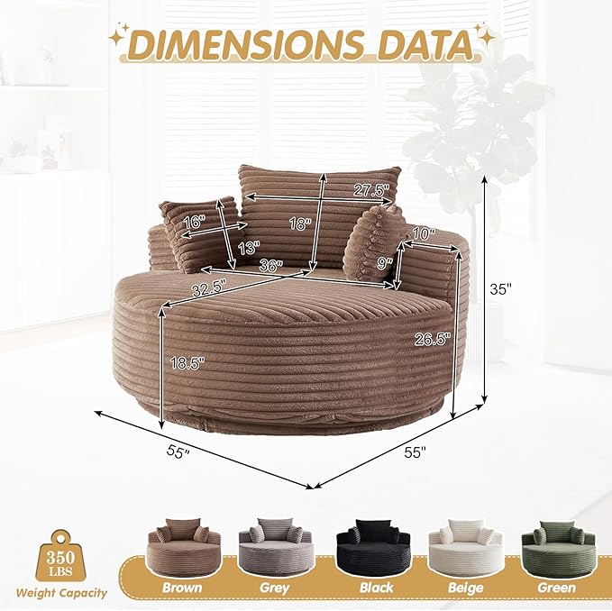 55 W Oversized Round Swivel Accent Barrel Chair360 Degree Faux Fur Upholstered Comfy Chaise Lounge Chair IndoorModern Deep Seat Reading Sofa Armchair for Living RoomBedroomOffice(Brown)