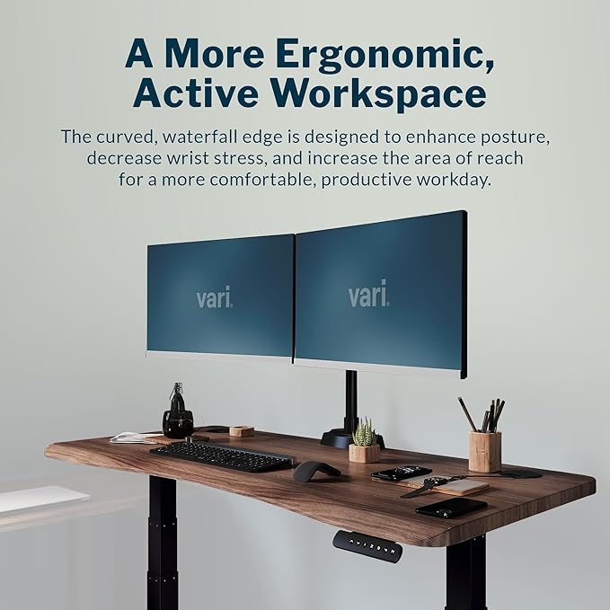 Vari Ergo 54x26 Electric Standing Desk + Height Adjustable Sit-Stand Desk + Curved Waterfall Edge 4 Memory Settings Quick Assembly Cable Management 200 lb Capacity – Walnut/Black (2 Boxes)