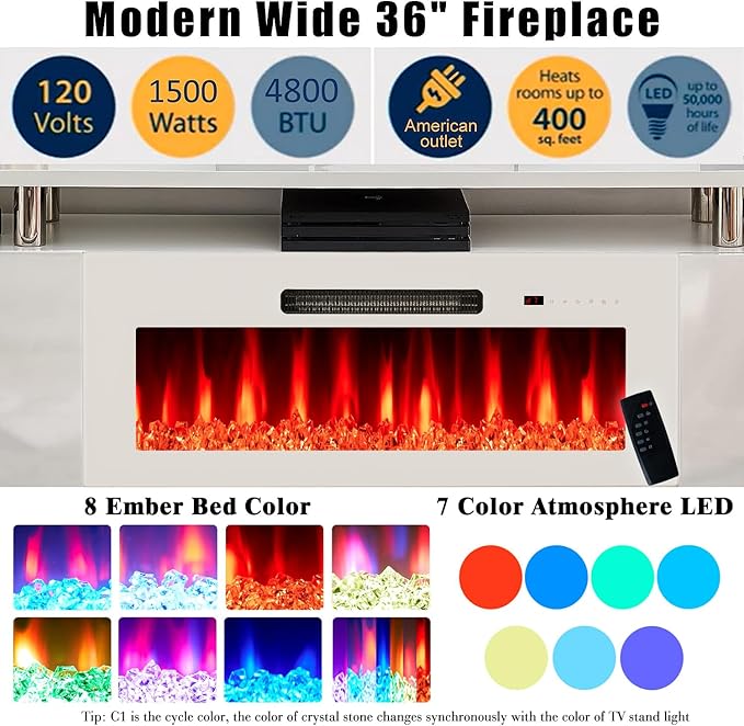 AMERLIFE Fireplace TV Stand with 36 Fireplace 70 Modern Fireplace Entertainment Center LED Lights 2 Tier TV Console Cabinet for TVs Up to 80 White &amp White