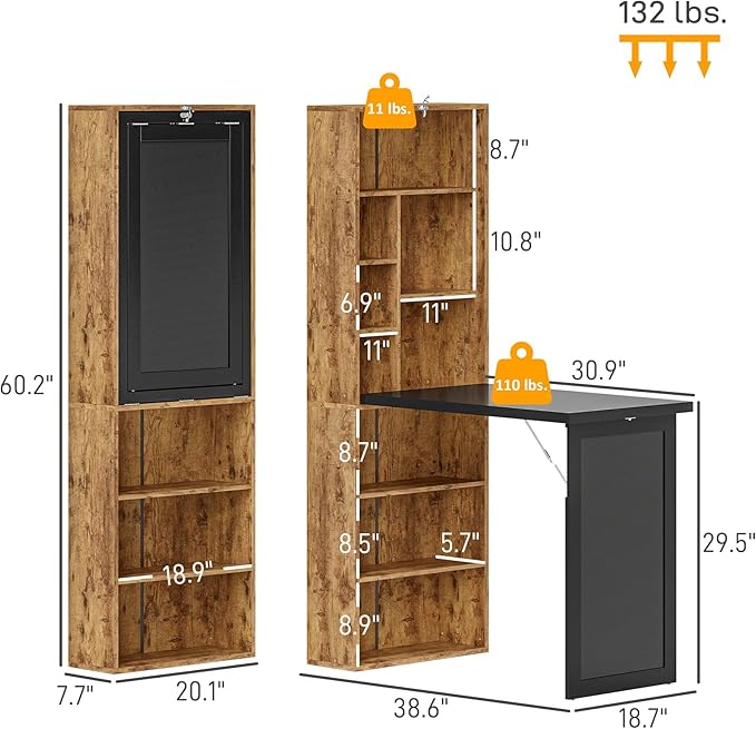 Murphy Desk with Storage Shelves Fold Out Hidden Computer Executive Desk Foldable Pull Out Writing Home Office Table with Blackboard for Bedroom Small Spaces (Rustic Brown)