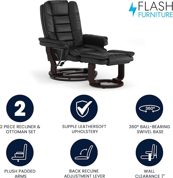 Flash Furniture Bali Contemporary Multi-Position LeatherSoft Recliner Chair with Ottoman 360-Degree Swivel Recliner Chair and Ottoman Set Black