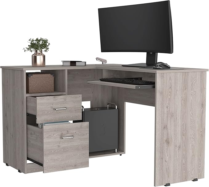 Light Grey L-Shaped Desk with 2 Drawers &amp Shelf - Spacious Work &amp Storage Space - Modern &amp Stylish Home Office